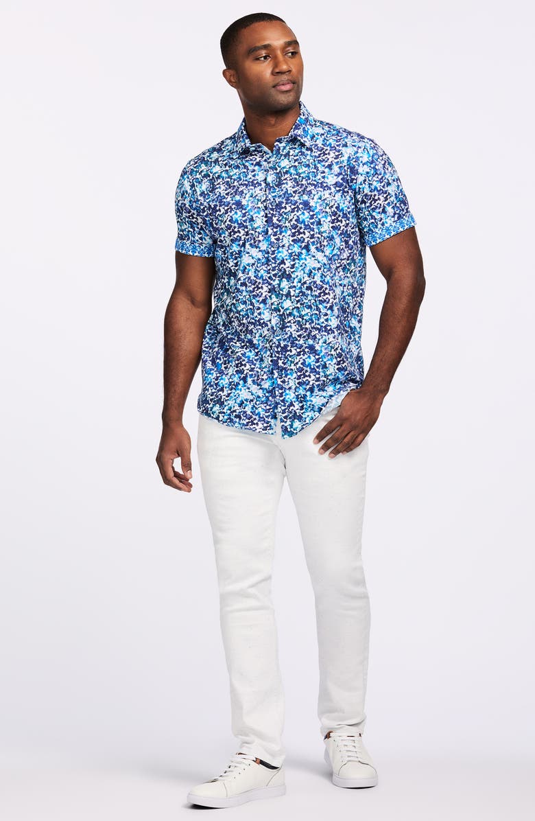 Robert Graham Abstract Print Stretch Cotton Short Sleeve Button-Up Shirt, Alternate, color, Blue