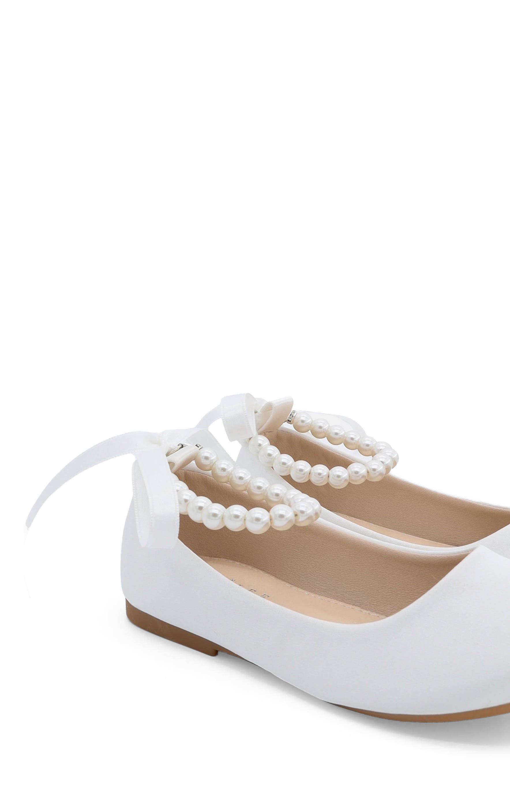 Harper Satin Girl Flats with All Pearls Strap, Alternate, color, White