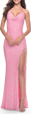La Femme Sequin Dress with Stunning Fringe Beaded Slit