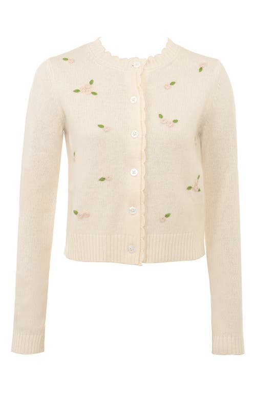 House Of Cb Anjou Floral Embroidered Ruffle Wool Cardigan In Cream And Rose Embroidered