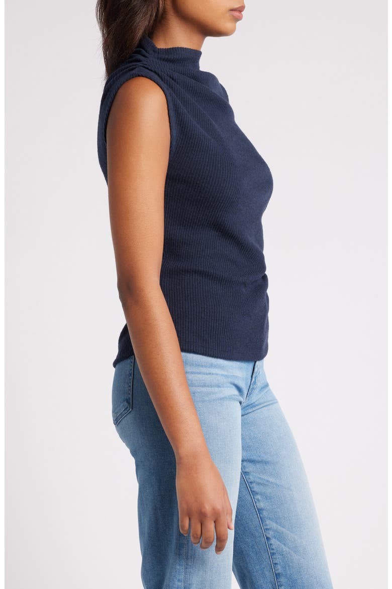 Asymmetric Ruched Sleeveless Mock Neck Knit Top, Alternate, color, HEATHER CARBON BLUE