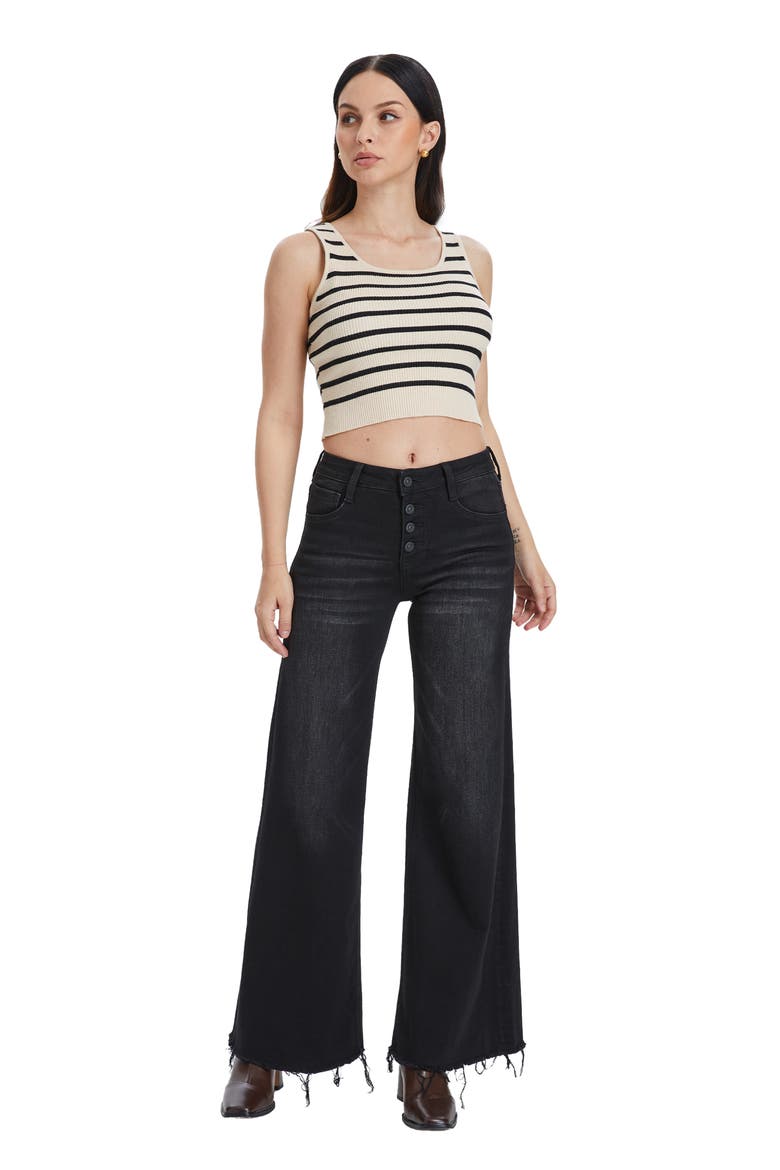 Frayed Exposed Button Mid Rise Wide Leg Jeans, Alternate, color, RAVEN