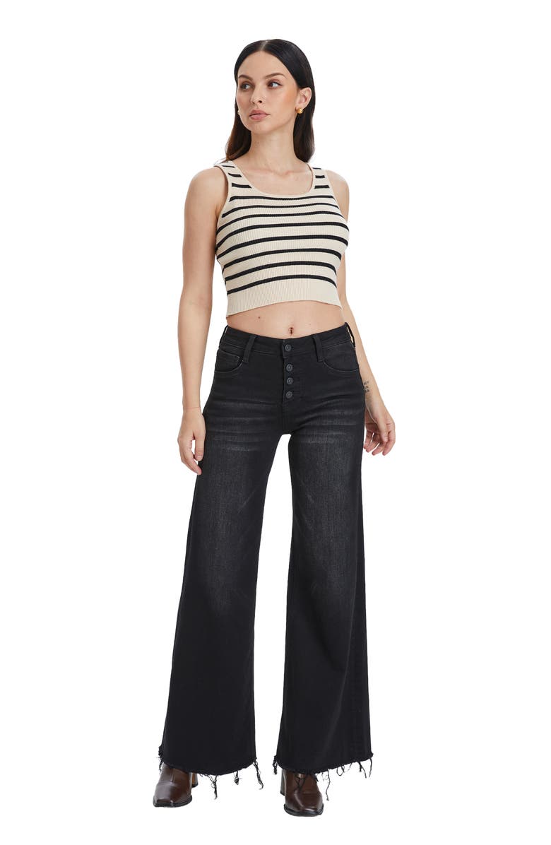 Bayeas Frayed Exposed Button Mid Rise Wide Leg Jeans, Alternate, color, Raven