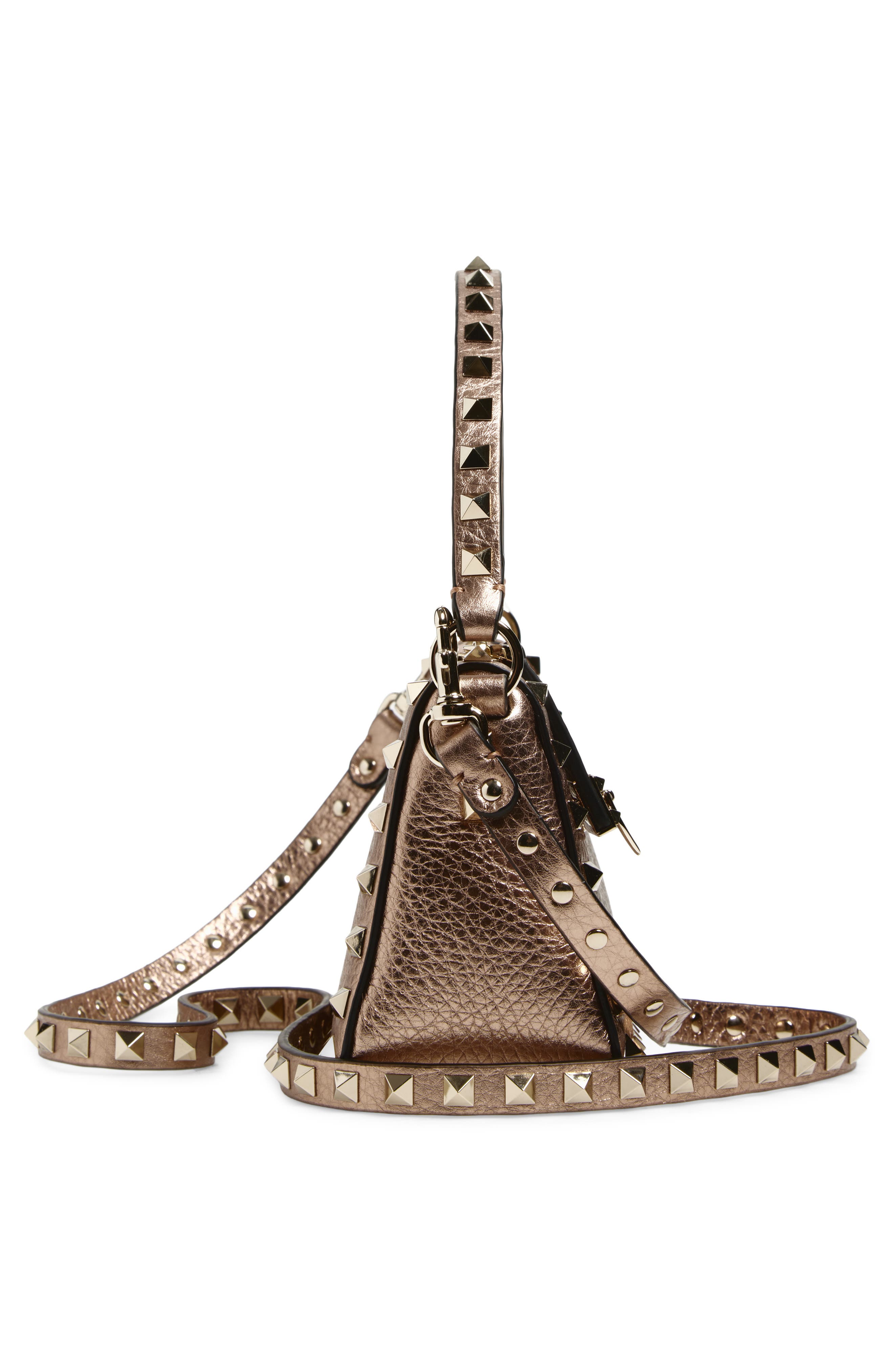 Valentino Garavani Small Rockstud Grained Metallic Leather Shoulder Bag, Alternate, color, Rose