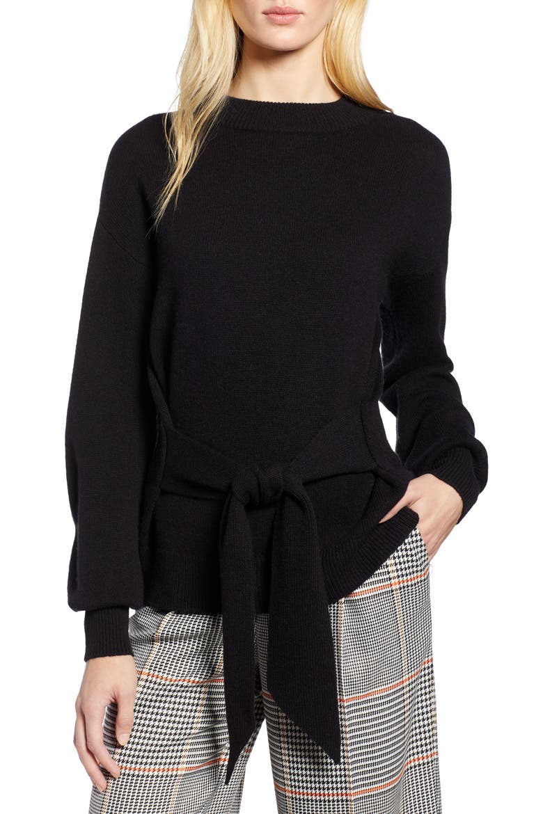 x Atlantic-Pacific Wool and Cashmere Blend Tie Sweater, Main, color, BLACK