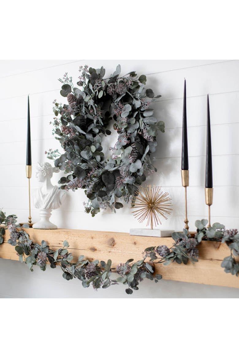 Candlelit Evenings - Faux Dusty Green Silver Dollar Eucalyptus & Pinecone Christmas Front Door Winter Wreath, Alternate, color, Green