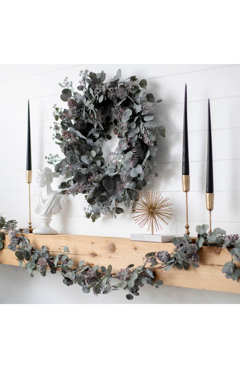 Darby Creek Trading Candlelit Evenings - Faux Dusty Green Silver Dollar Eucalyptus & Pinecone Christmas Front Door Winter Wreath, Alternate, color, Green