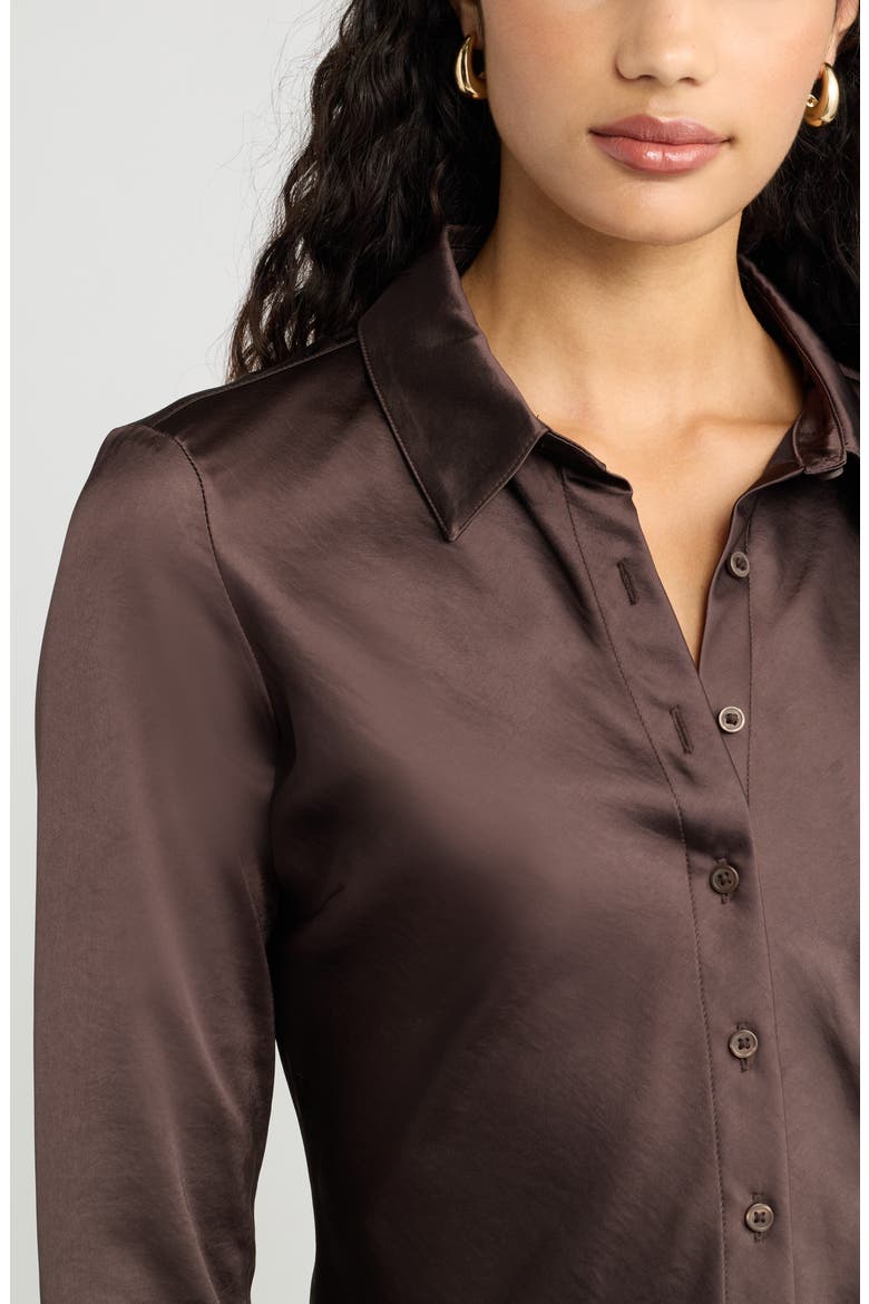 Fitted Satin Button-Up Shirt, Alternate, color, BROWN SEAL