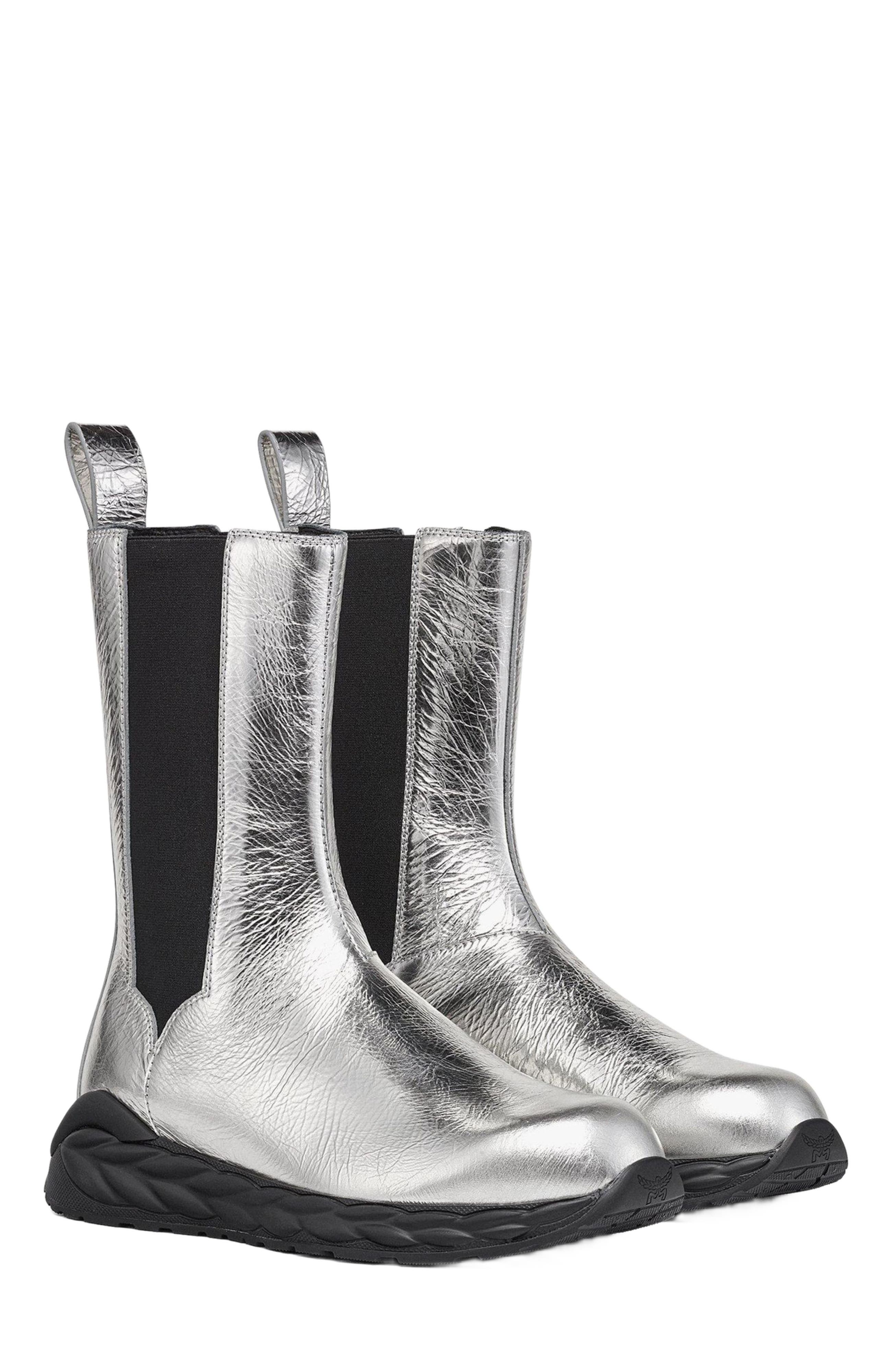 MCM Skywander Boots in Metallic Calf Leather, Main, color, Silver