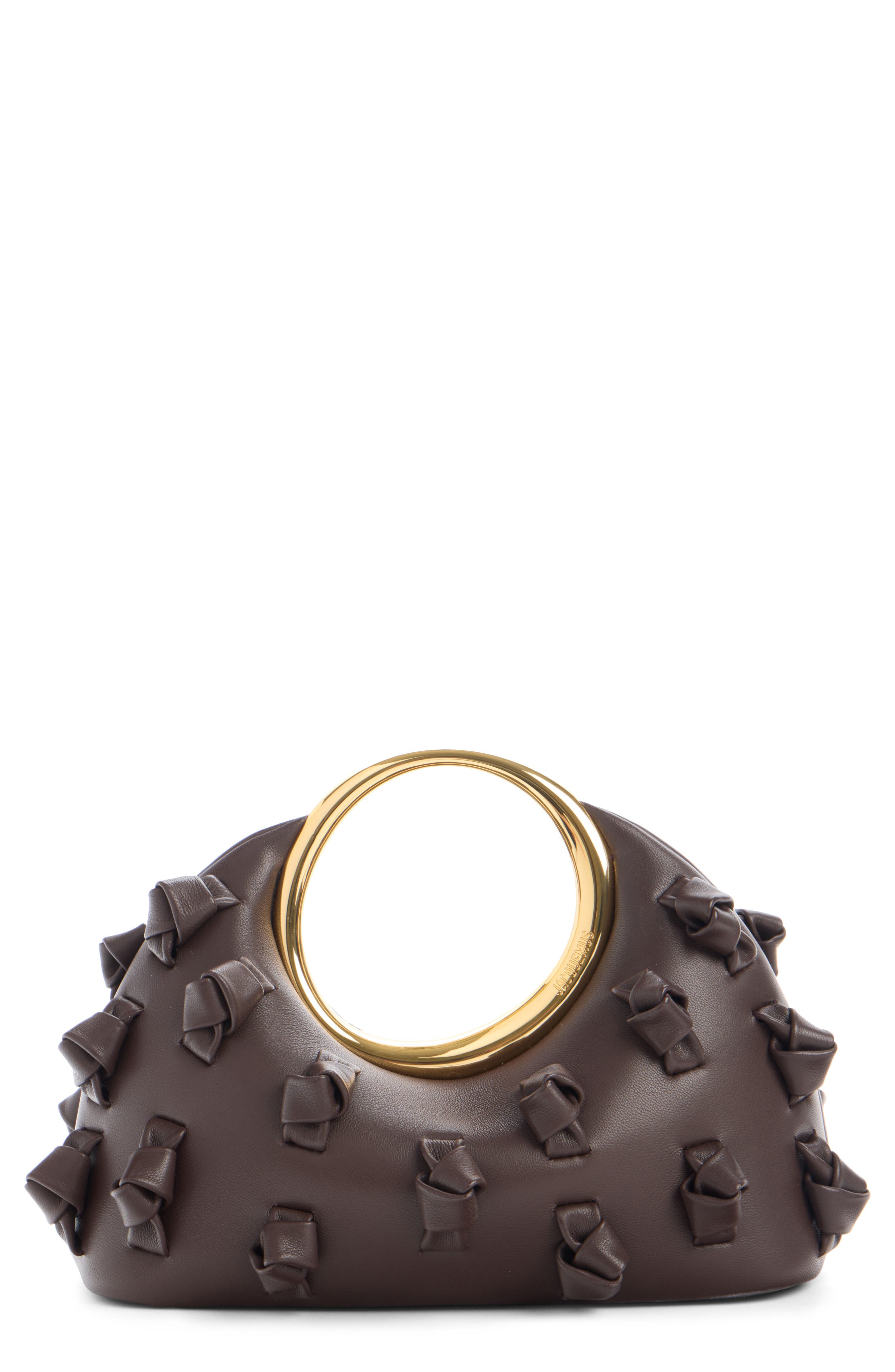 Jacquemus Le Petite Calino Knot Embellished Leather Top Handle Bag, Main, color, Midnight Brown 890