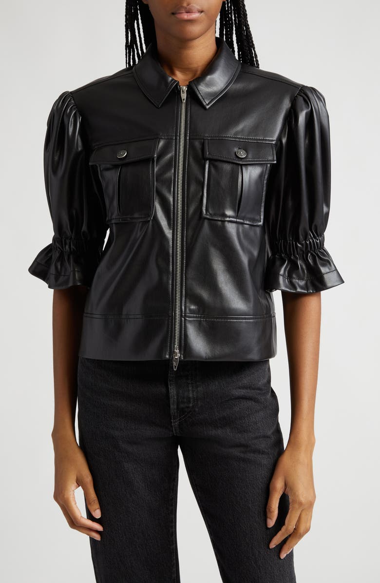 Cinq à Sept Holly Ruffle Faux Leather Jacket, Main, color, Black