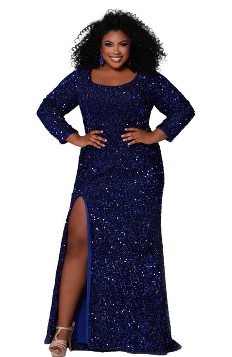 Long Sleeve Fitted Scoop Neck Sequin Plus Size Gown