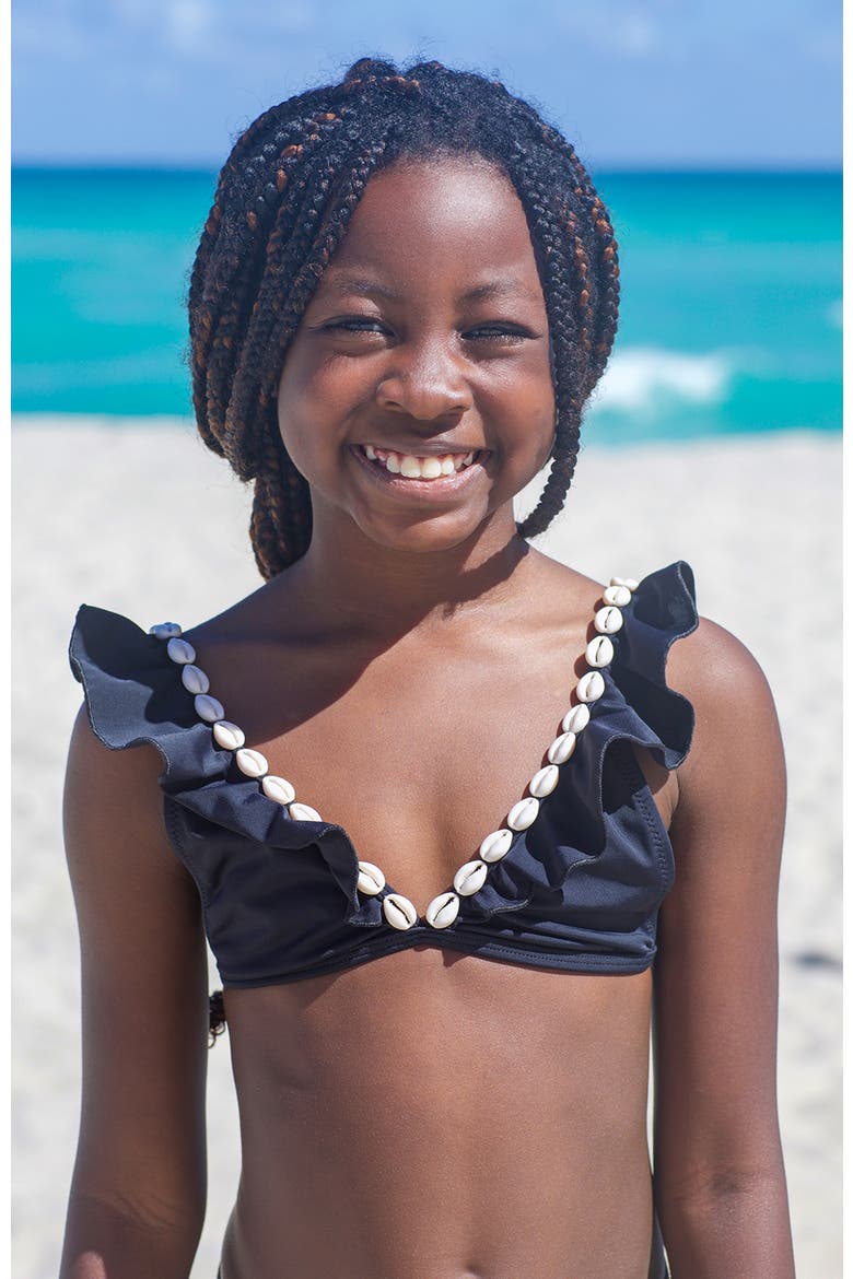 V-Neck Shell-Adorned Ruffled Two-Piece Bikini, Alternate, color, Black