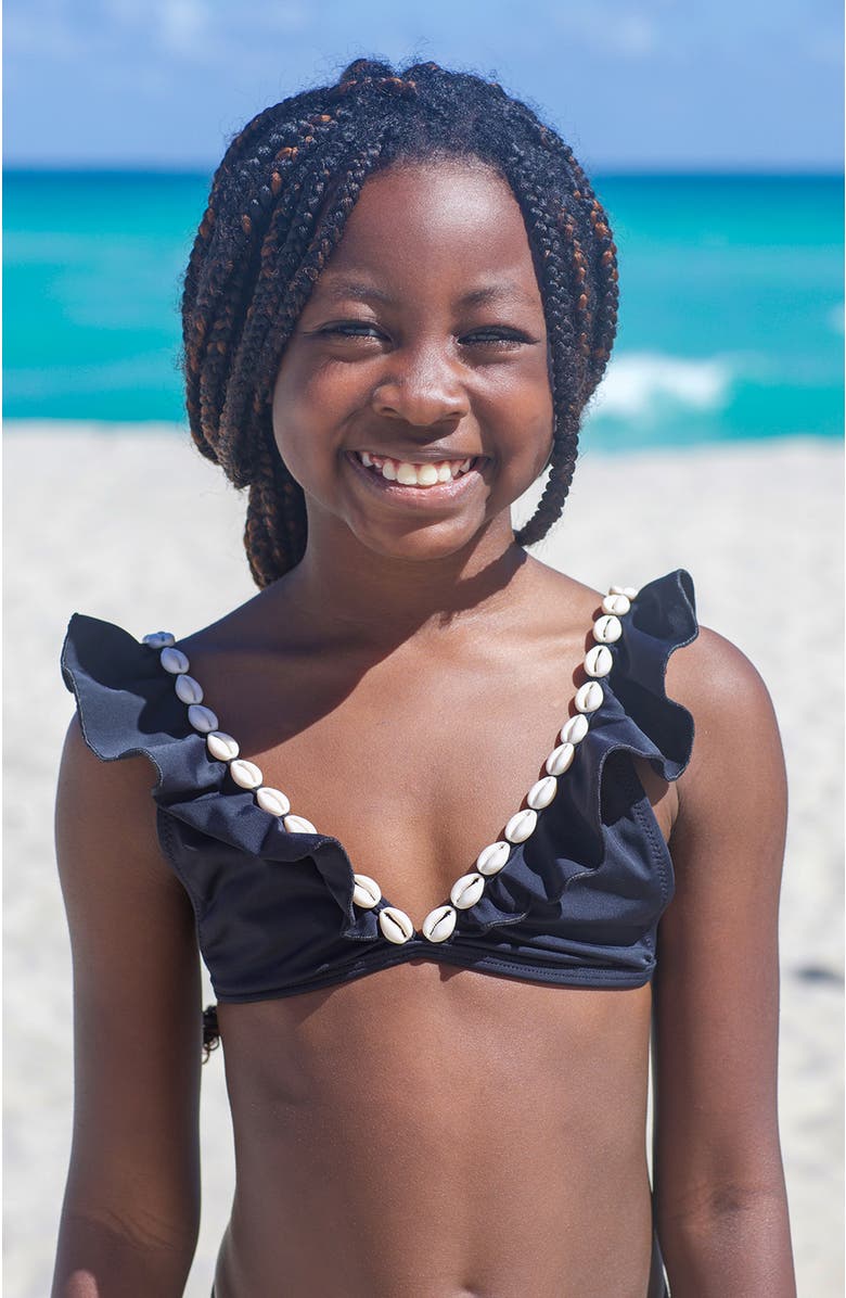 NESSI BYRD V-Neck Shell-Adorned Ruffled Two-Piece Bikini, Alternate, color, Black