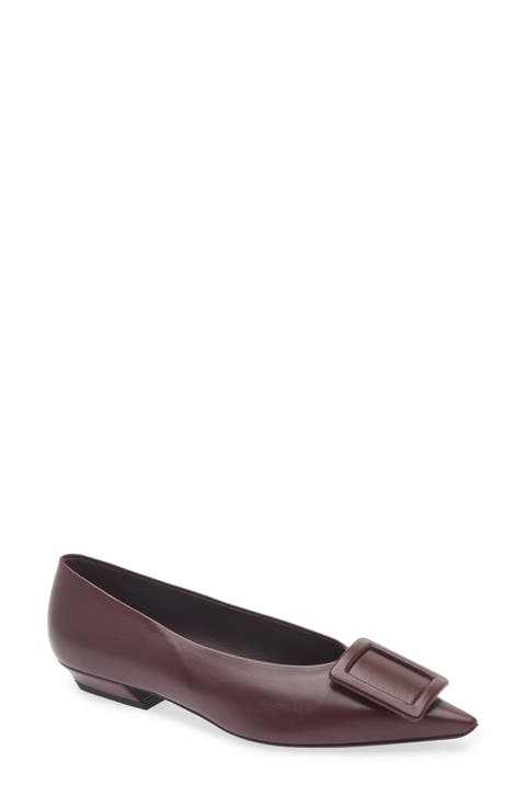 Covered Buckle Pointed Toe Leather Flat
