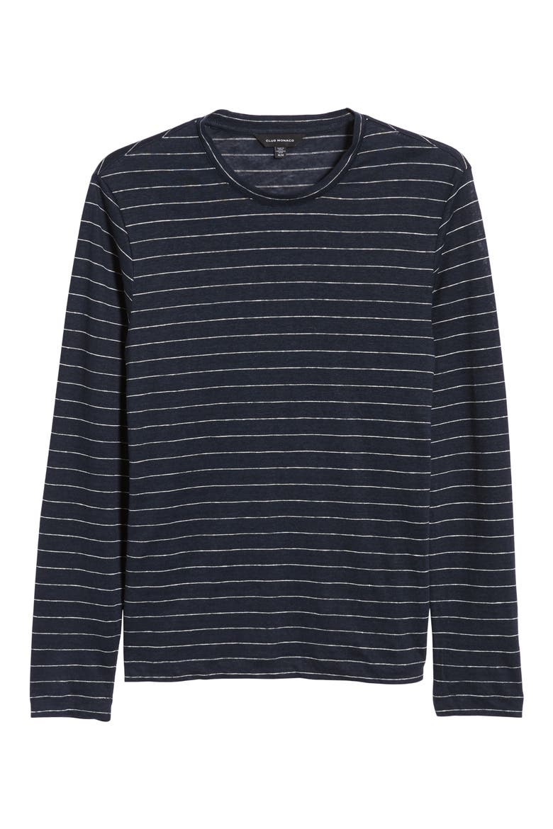 Long Sleeve Stripe Linen T-Shirt, Alternate, color, NAVY AND WHITE