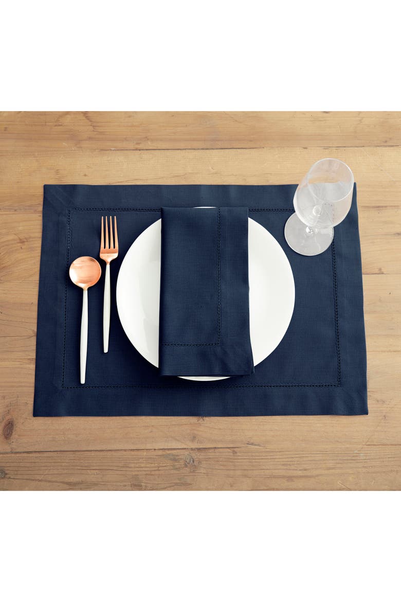 Cotton Linen Hemstitch Placemats Set of 4, 14 x 19 Inch, Alternate, color, Navy