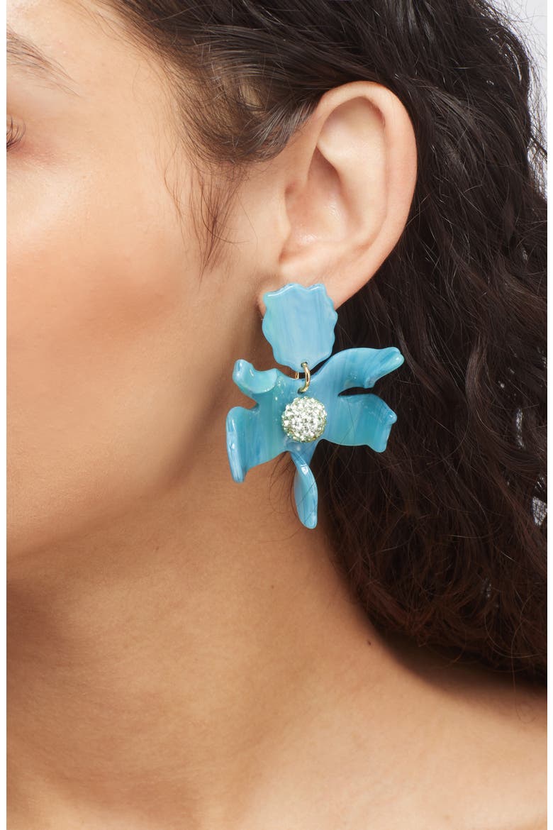 Small Crystal Lily Earrings, Alternate, color, AZURE
