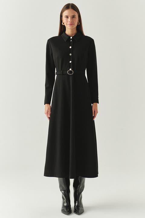Georgina Shirt Collar Long Sleeve Knit Dress With Pockets