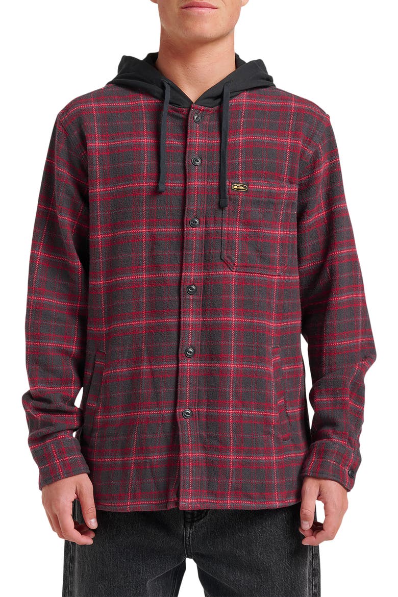 Sandbar Hooded Plaid Cotton Flannel Button-Up Shirt, Main, color, BLACK