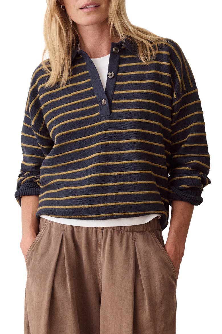 Mid Guage Cotton Rugby Polo Sweater, Main, color, TWILIGHT AND GREEN STRIPE