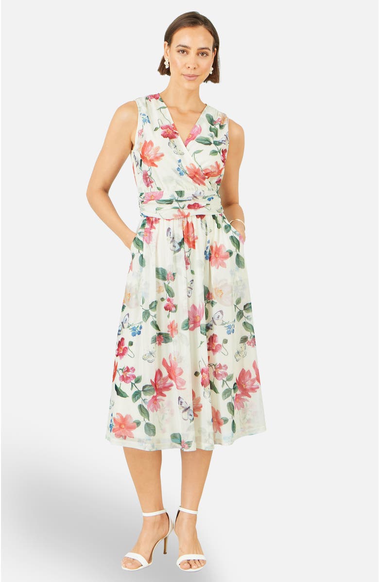 Yumi Floral Print Mesh Stretch Midi Dress, Alternate, color, Ivory