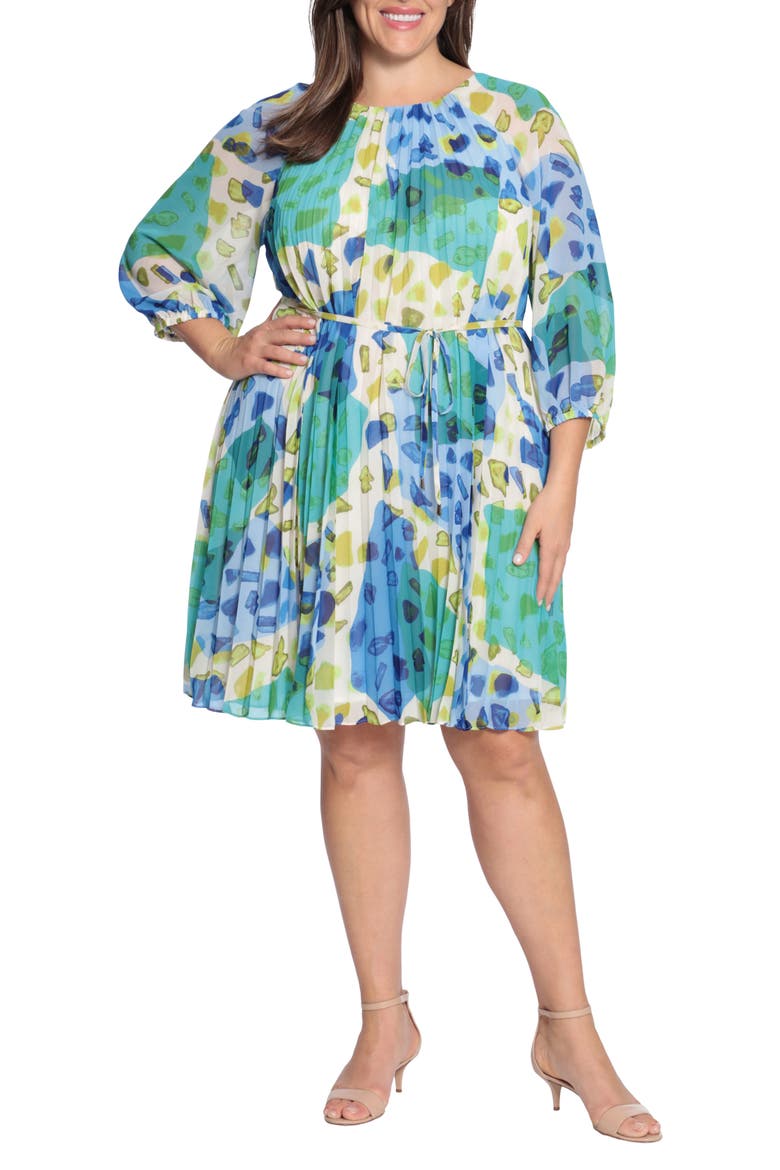 Print Pleated Chiffon Trapeze Dress, Alternate, color, SOFT BEIGE/ LIGHT TEAL