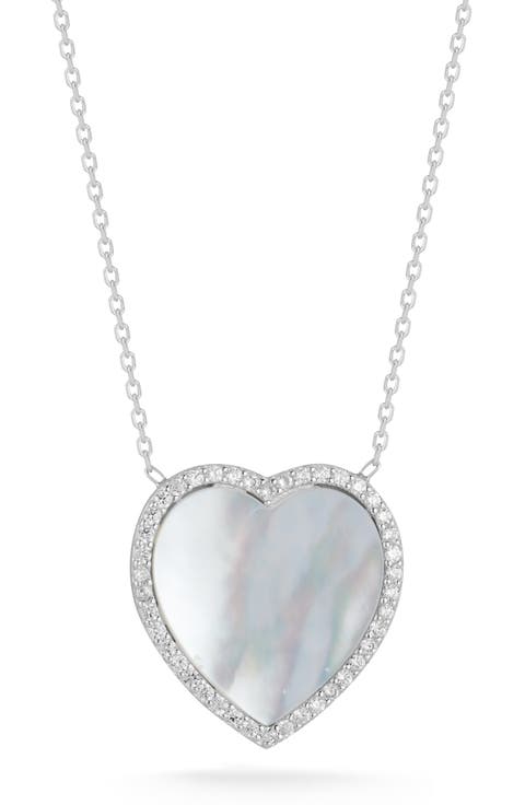 Sterling Silver, Mother of Pearl & CZ Heart Pendant Necklace