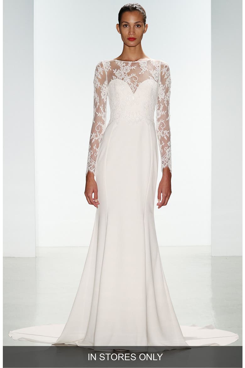 Noelle Long Sleeve Lace & Crepe Gown, Main, color, IVORY