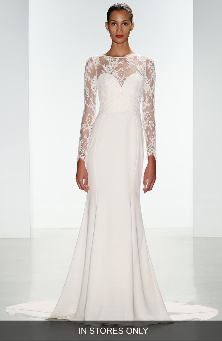 nouvelle AMSALE Noelle Long Sleeve Lace & Crepe Gown, Main, color,