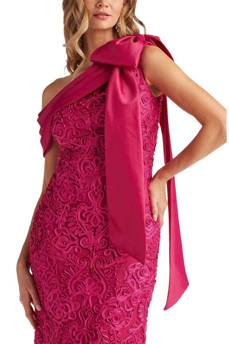 Bow Detail Soutache Lace One-Shoulder Gown, Alternate, color, HIBISCUS