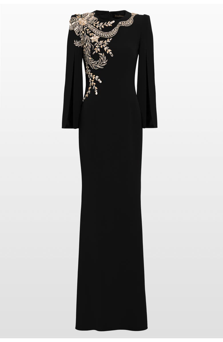 Jenny Packham Precious Floral-embellished Slit-sleeve Maxi Dress, Main, color, Liquorice