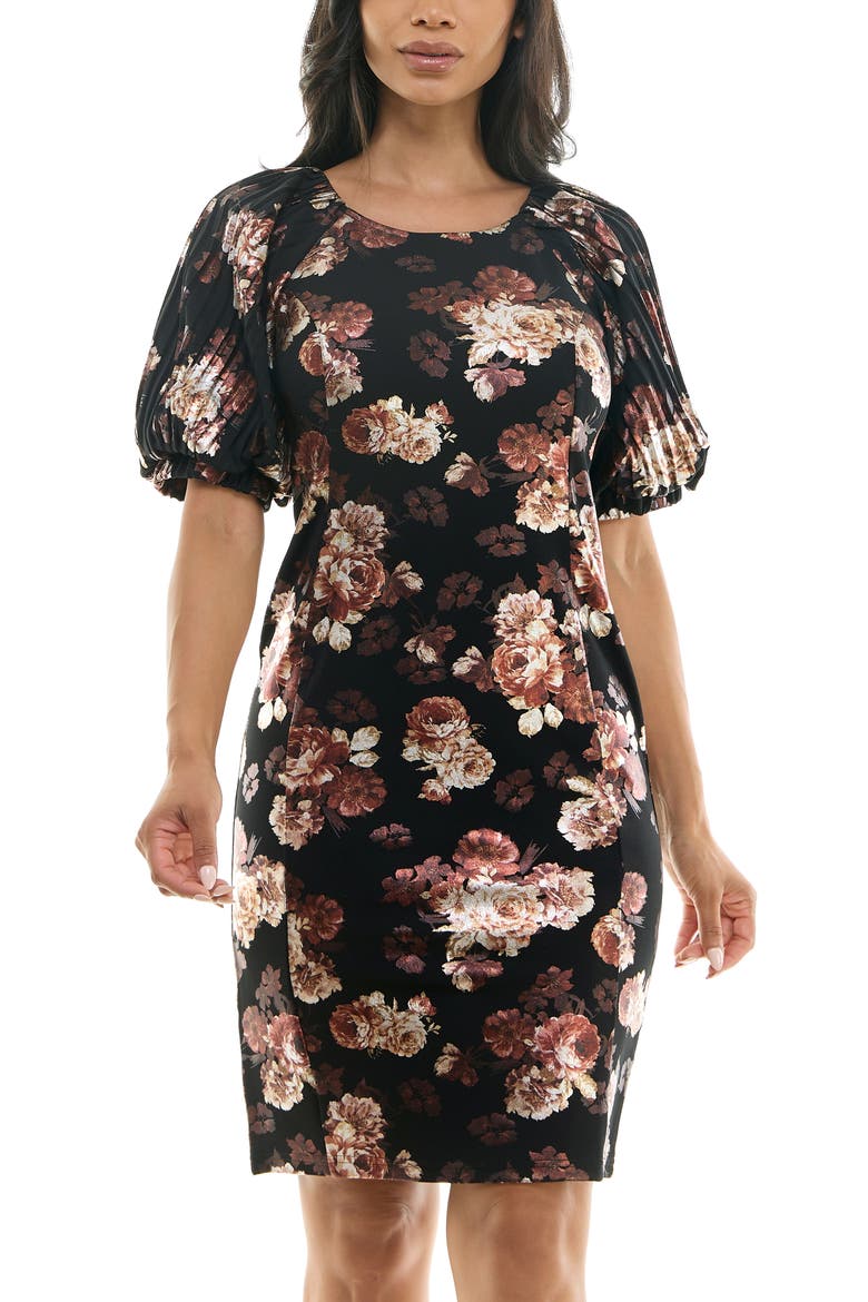 Floral Puff Sleeve Dress, Alternate, color, BLACK/ BROWN MULTI
