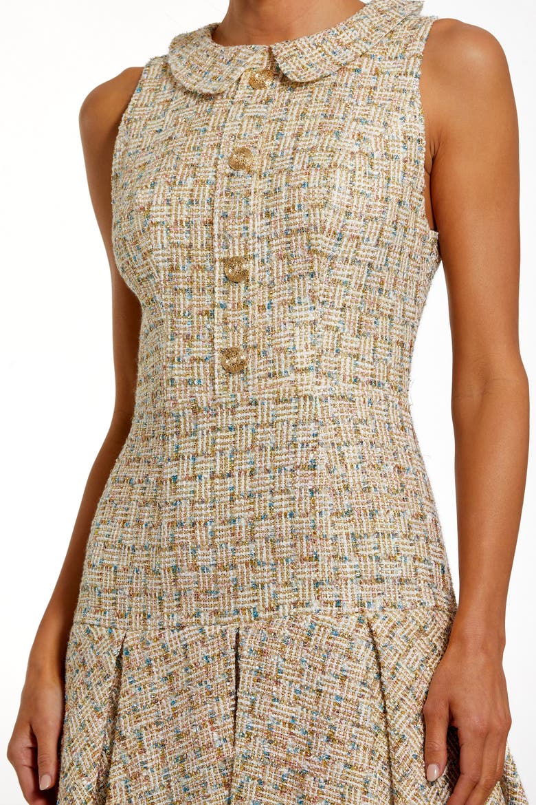 Sleeveless Boucle Mini Dress with Soft Pleats, Alternate, color, Gold Multi