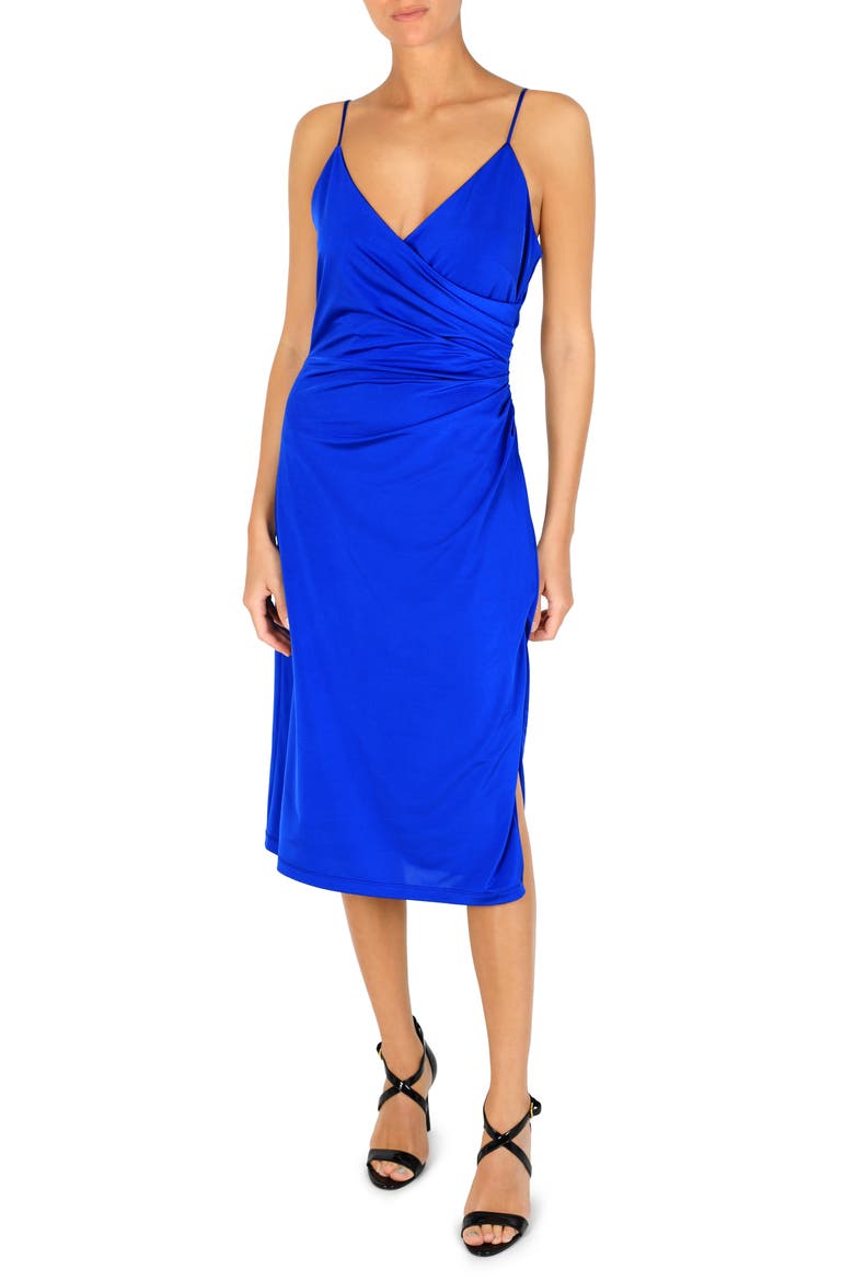 Ruched Satin Jersey Midi Dress, Main, color, COBALT BLU