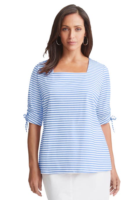 Stretch Cotton Tie Sleeve Square Neck Tee (Plus)