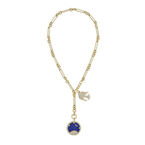 Shop Lionheart 14k Starry Night Lapis Medallion & Lovey Baby Bird Trombone Necklace In Gold