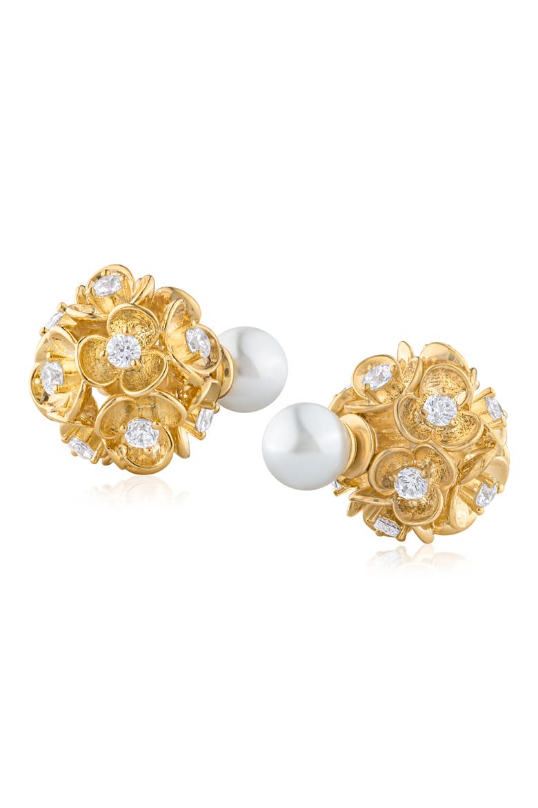 Floral Cubic Zirconia Front-Back Earrings, Main, color, WHITE/ GOLD