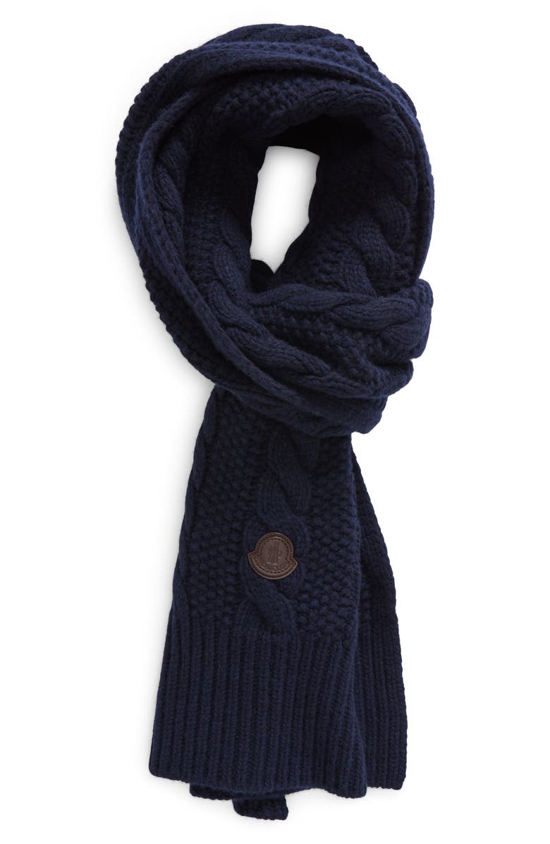 Moncler Logo Cable Stitch Virgin Wool & Cashmere Scarf, Main, color, 