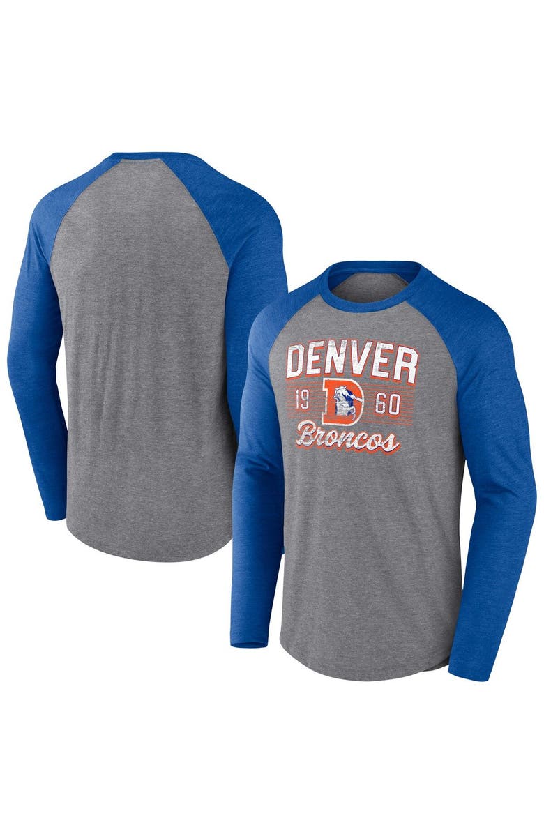 FANATICS Men's Fanatics Branded Heathered Gray/Heathered Royal Denver Broncos Weekend Casual Raglan Long Sleeve T-Shirt, Main, color,