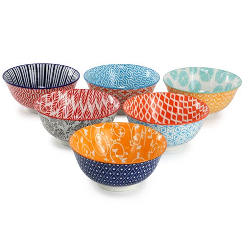 Elama Roxey 6 Piece Assorted Design 20oz Porcelain Footed Bowl Set Color In Multi