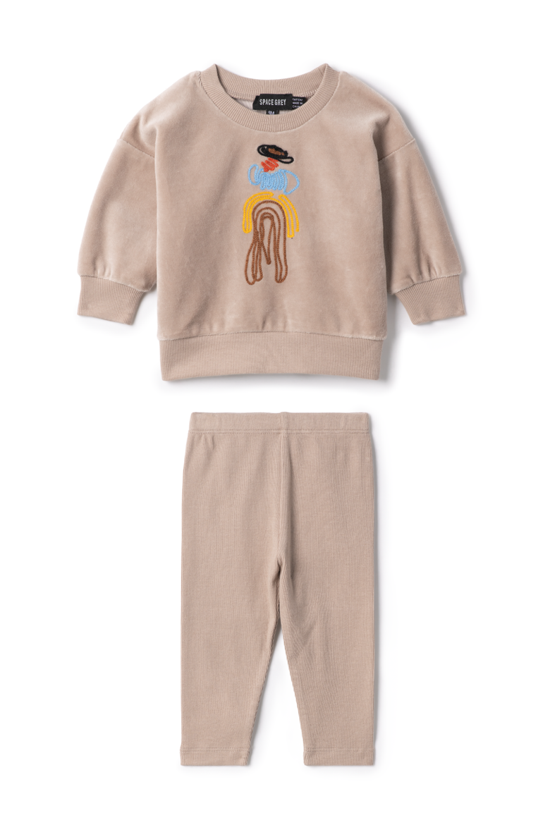 Cowboy Embroidered Velour Long Sleeve Top and Pants Set, Main, color, Beige