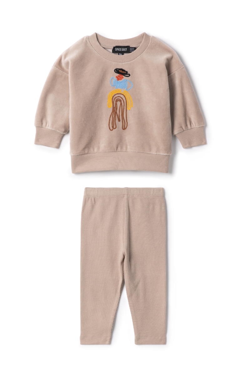 Space Grey Cowboy Embroidered Velour Long Sleeve Top and Pants Set, Main, color, Beige