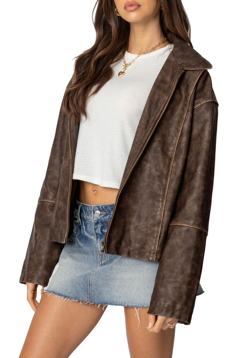 Oversized Washed Faux Leather Jacket, Alternate, color, BROWN-WASHED
