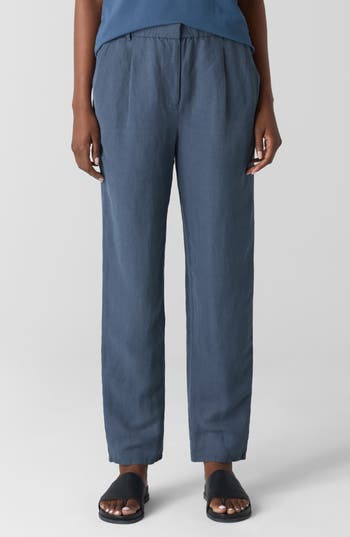 Eileen Fisher Ankle Pleated Linen And Silk Pants In Black