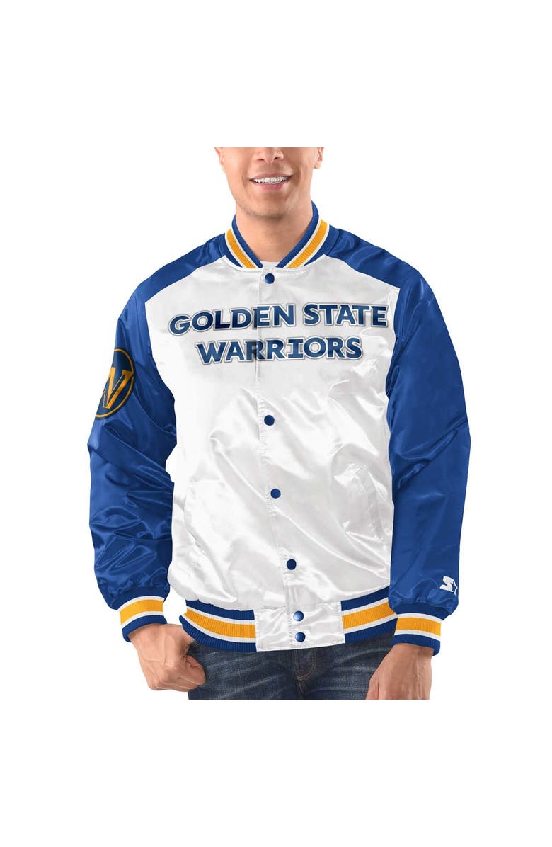 STARTER Men's Starter White/Royal Golden State Warriors Renegade Satin Full-Snap Varsity Jacket, Alternate, color, White