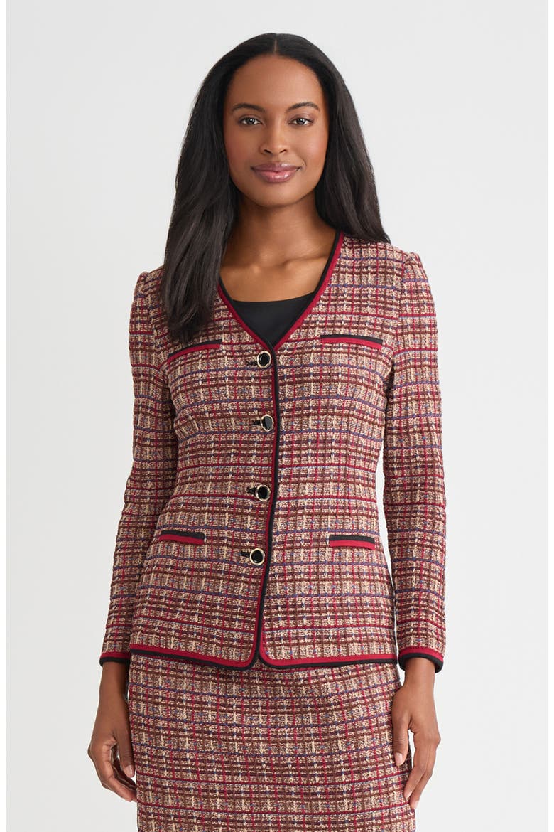 Tailored Plaid Multi-Stitch Knit Jacket, Main, color, Scarlet Red/Truffle