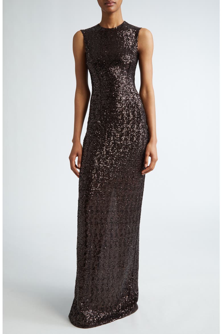 Sequin Sleeveless Column Gown, Alternate, color, CHOCOLATE