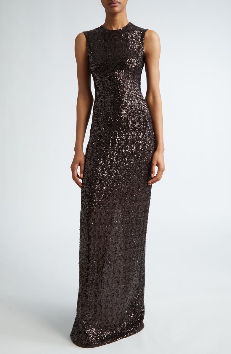 Michael Kors Collection Sequin Sleeveless Column Gown, Alternate, color, Chocolate