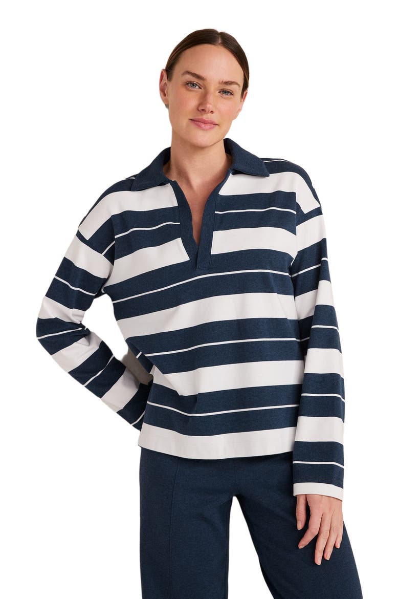 Organic Cotton Interlock Stripe Johnny Collar Top, Main, color, Ivory/Twilight Heather